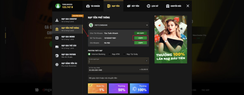 Các phương thức nạp tiền 11Bet