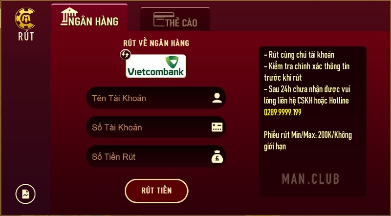 Rút tiền từ cổng game Manclub