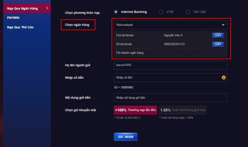 Nạp tiền FCB8 qua ngân hàng