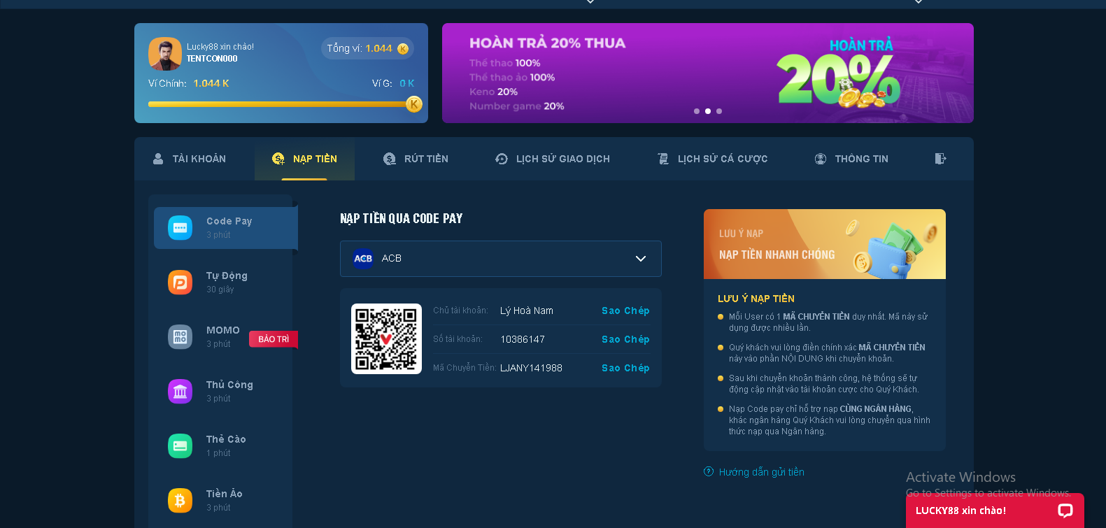 Deposit di Lucky88