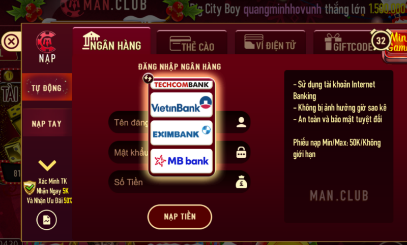 Nạp tiền qua ngân hàng
