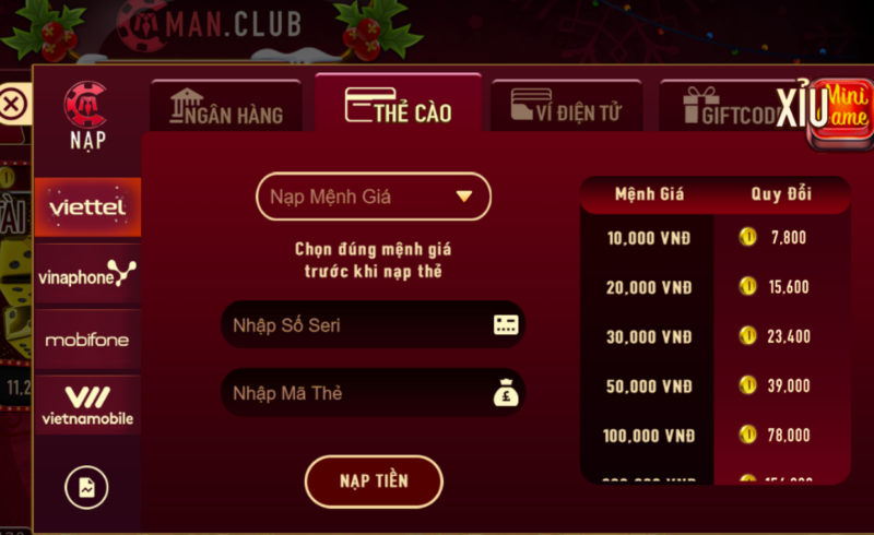 Nạp tiền bằng thẻ cào người chơi sẽ phải chịu phí quy đổi