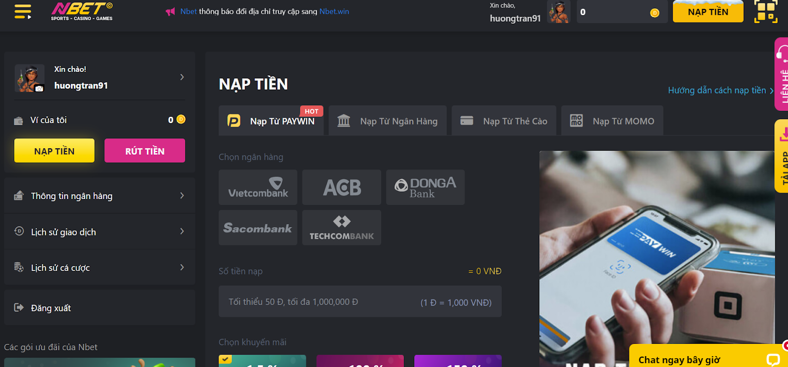 NBET hỗ trợ người chơi nhiều phương thức nạp tiền khác nhau