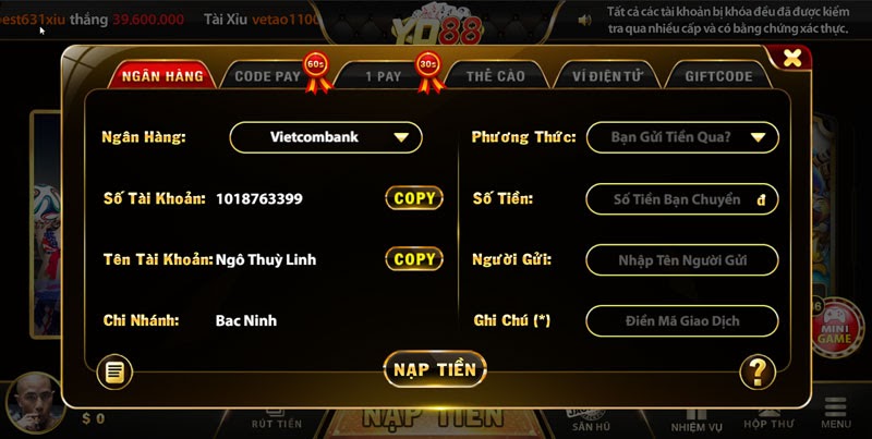 Nạp tiền vào tài khoản Yo88